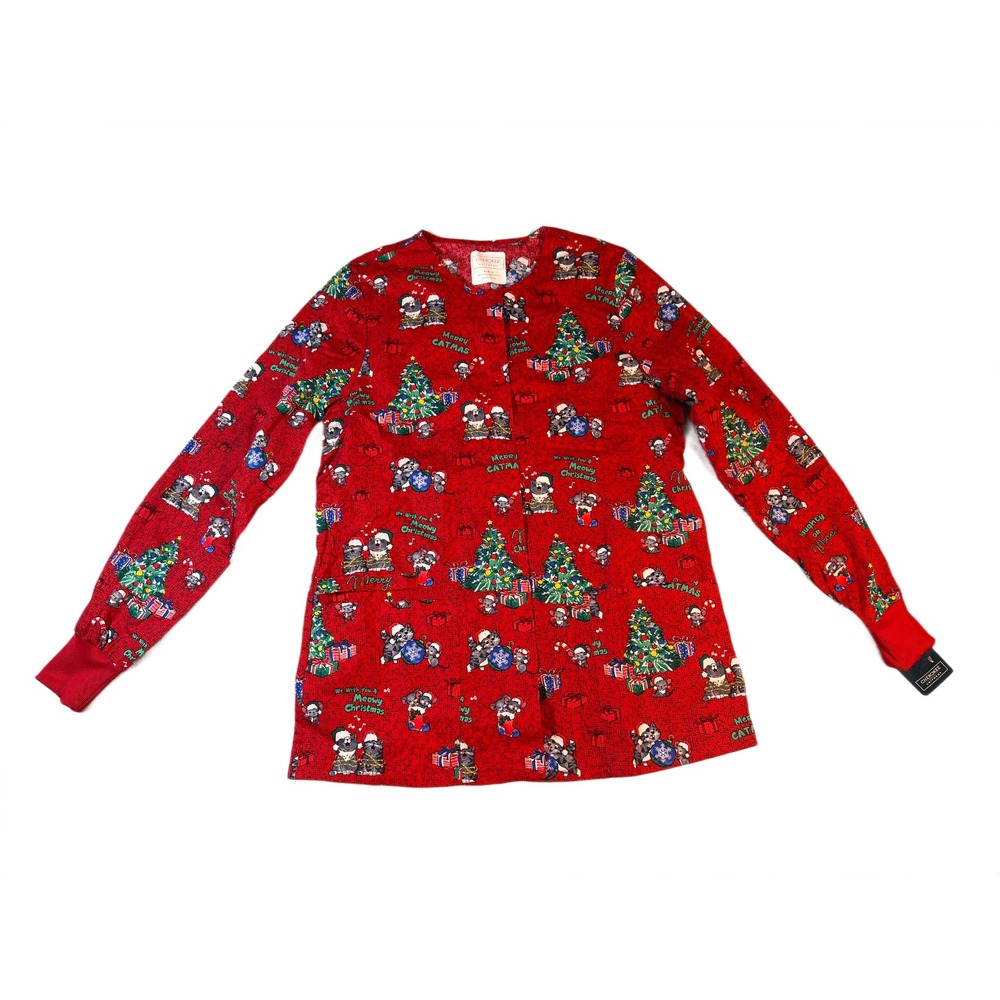NWT Cherokee Christmas Holiday Scrub Top M‎ Meowy Christmas Red Cats Long Sleeve